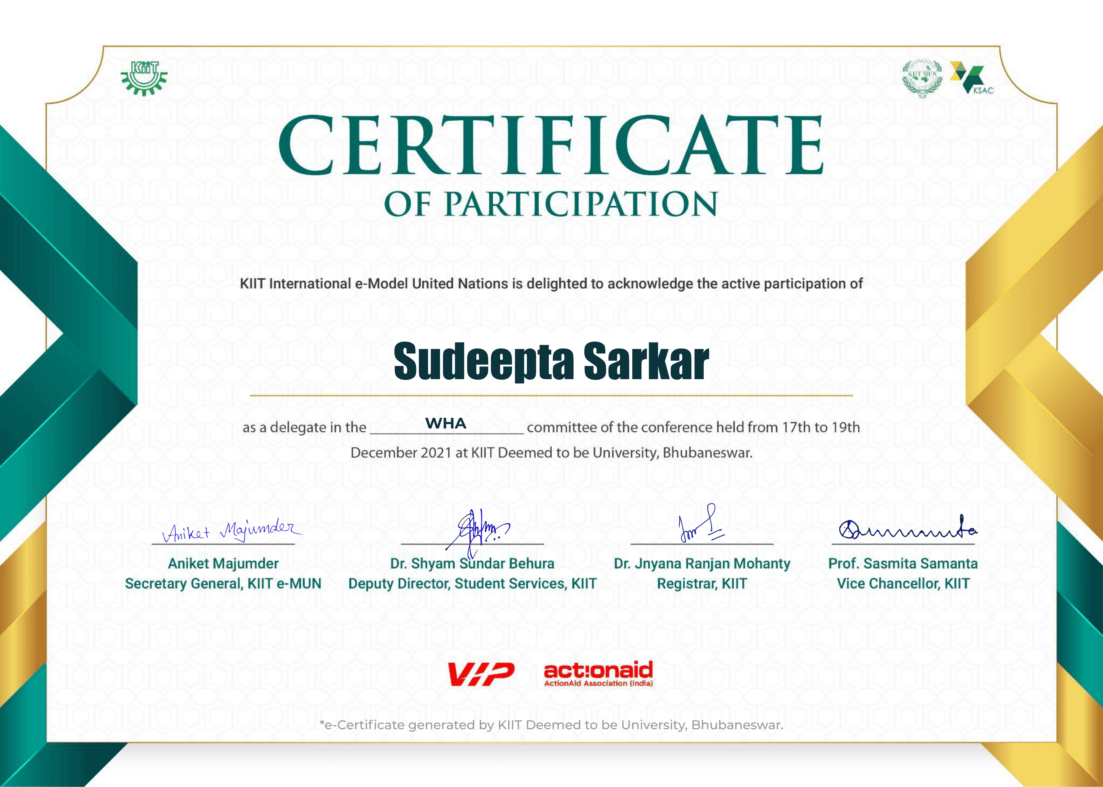 Certificate of Participation KIIT International e-Model United Nations